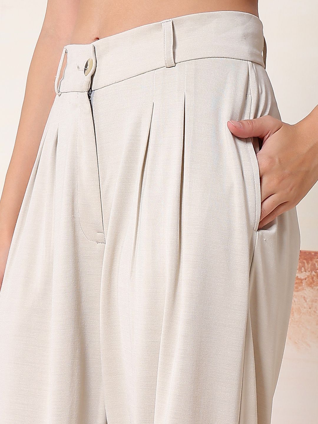 Kotty Women Solid Comfort Flared High-Rise Pleated Parallel Trousers