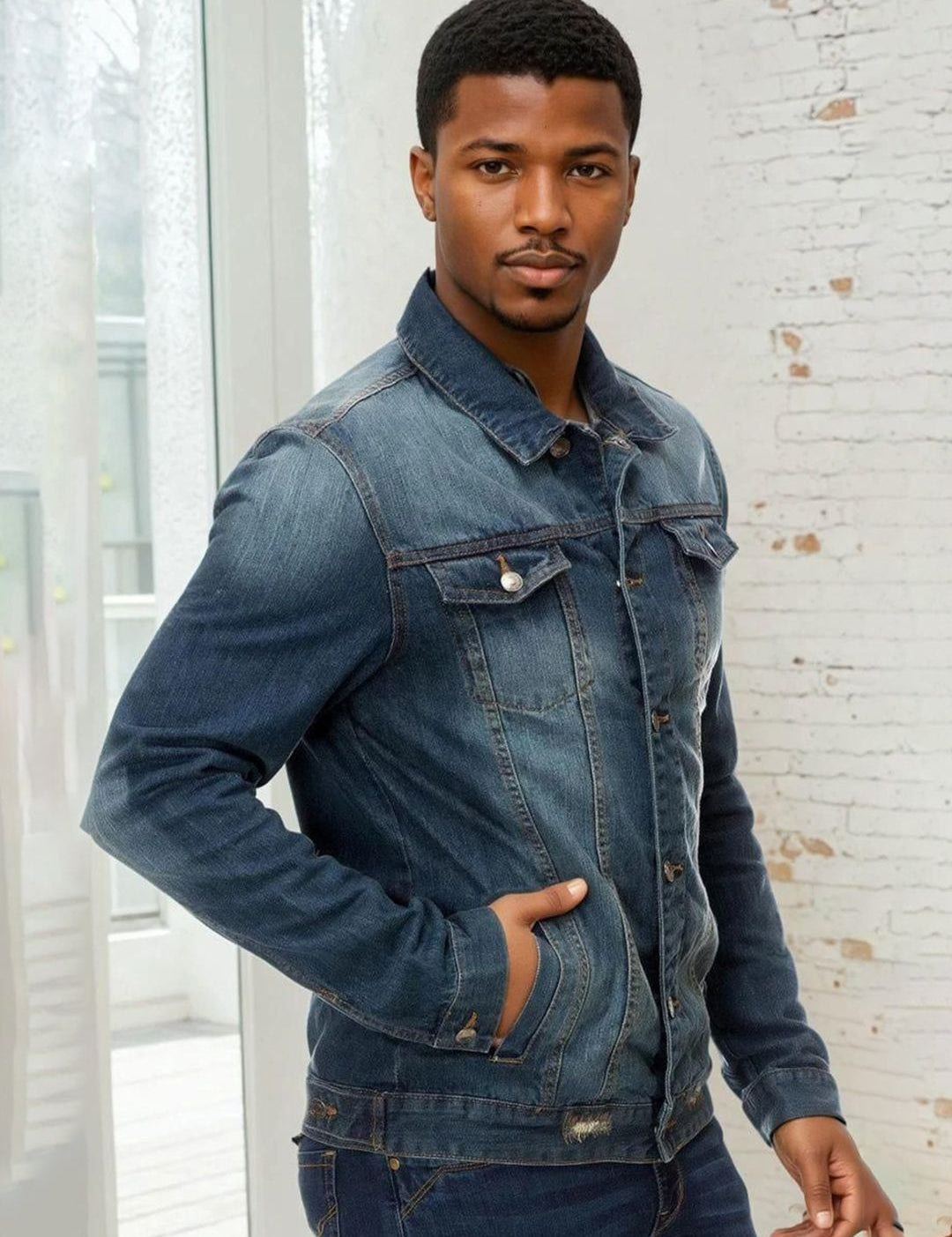 Kotty Men Spread Collar Solid Denim Jacket