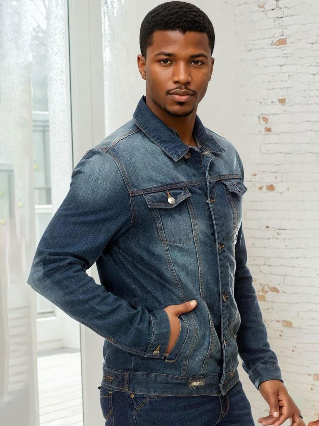 Kotty Men Spread Collar Solid Denim Jacket