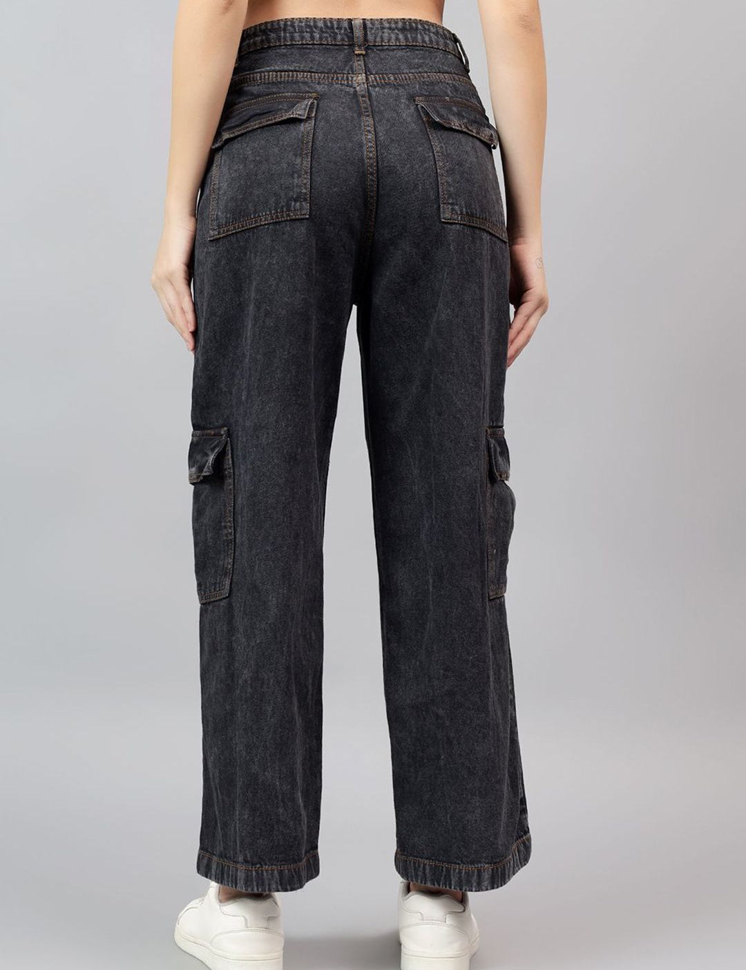 Kotty Women Straight Fit High-Rise Low Distress Stretchable Cargo Jeans