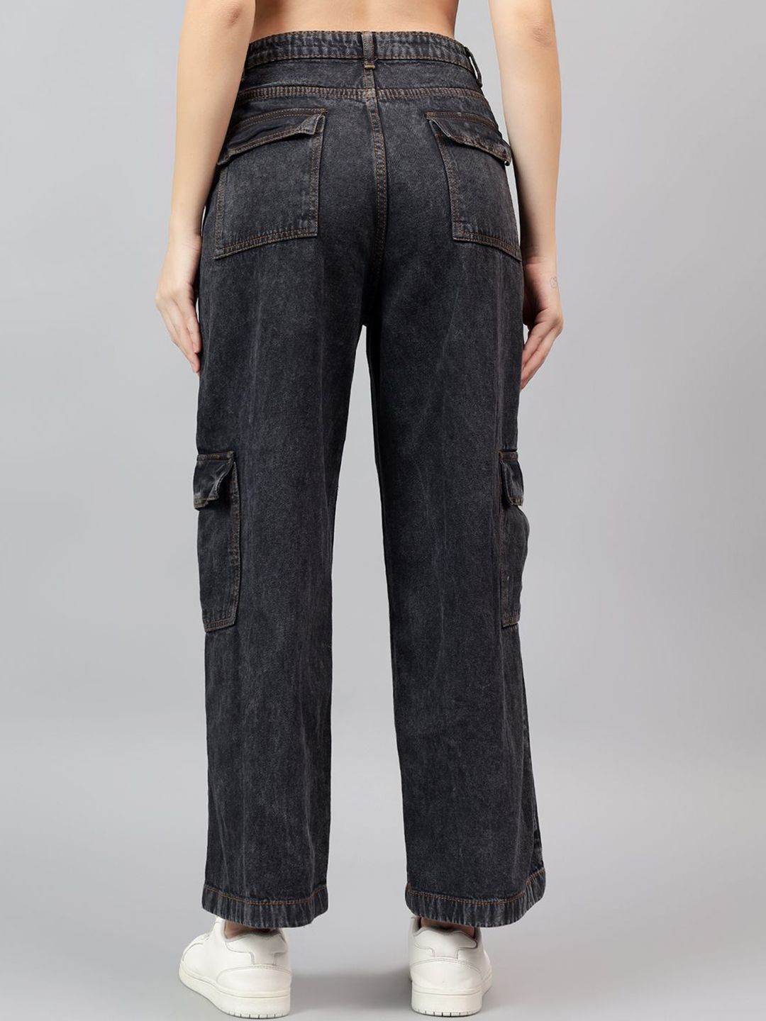 Kotty Women Straight Fit High-Rise Low Distress Stretchable Cargo Jeans