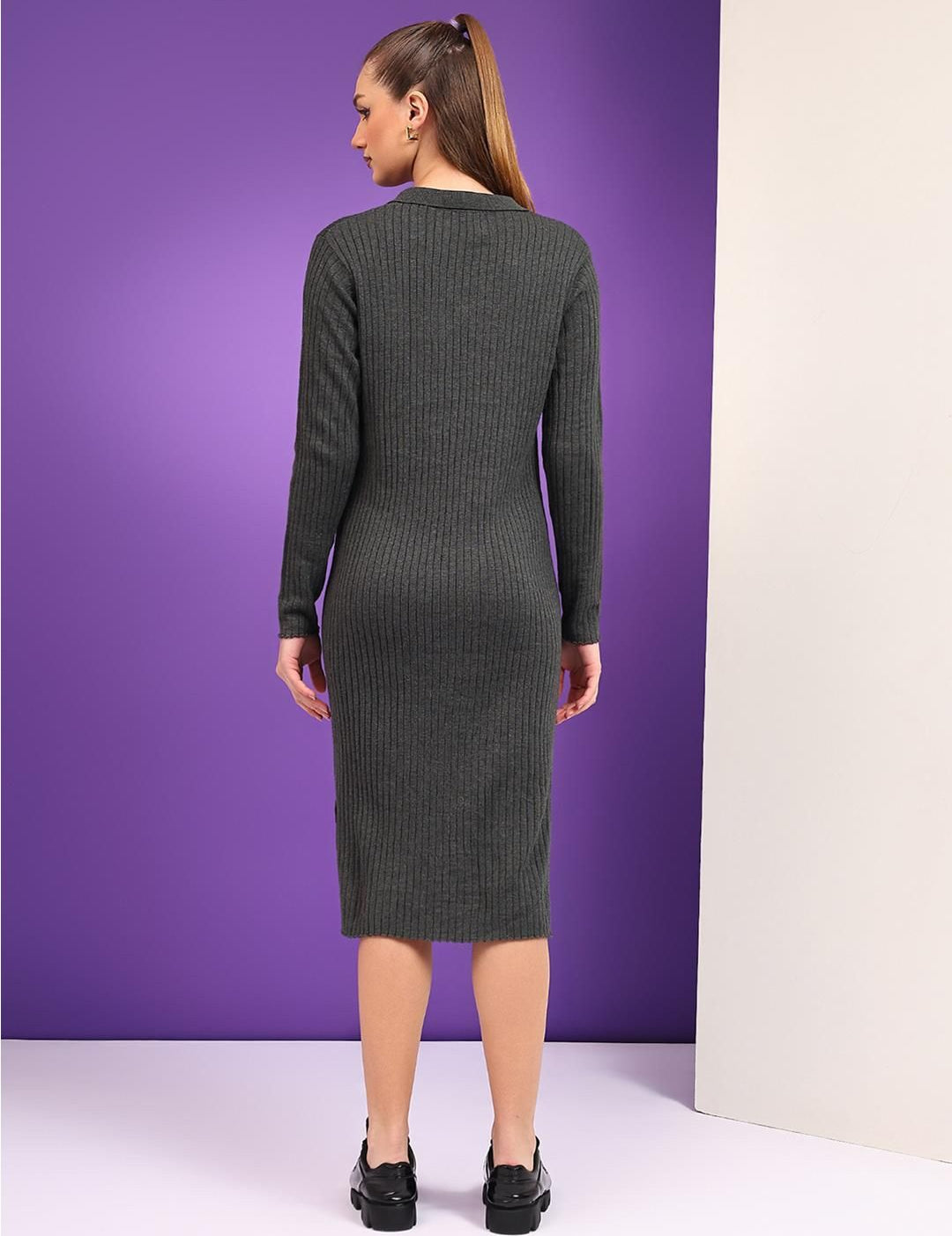 Kotty Women Shirt Collar Cotton Midi Jumper Dress