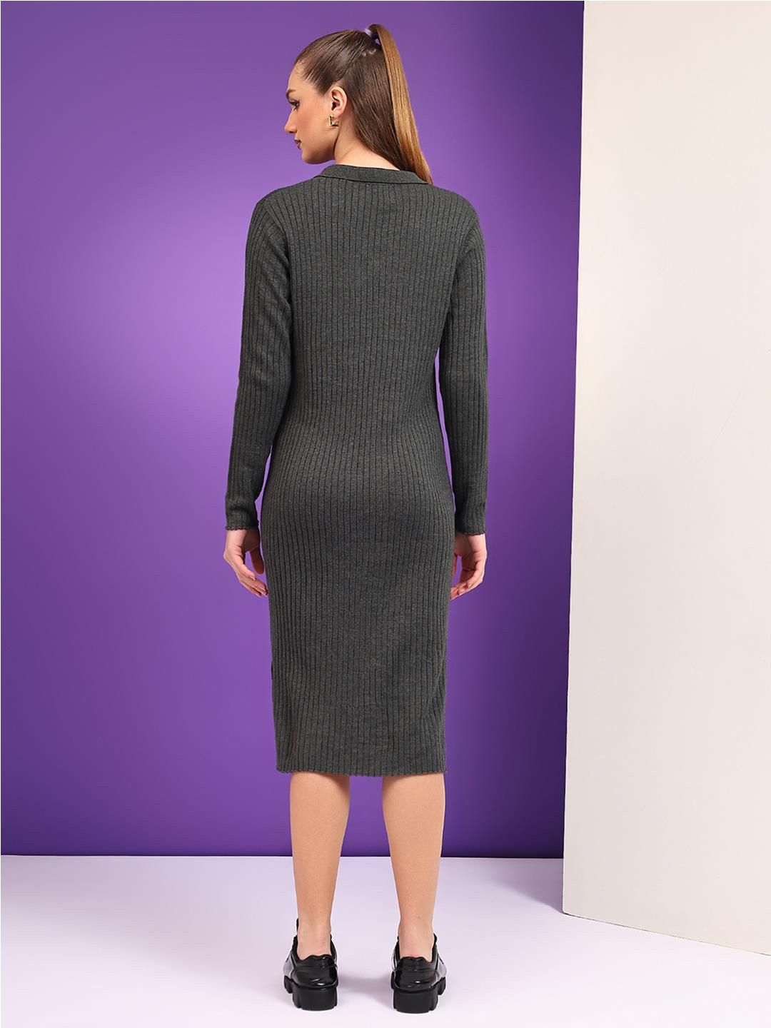 Kotty Women Shirt Collar Cotton Midi Jumper Dress