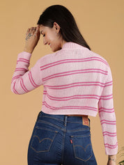 Kotty Women Striped Round Neck Crop Pullover Sweater 