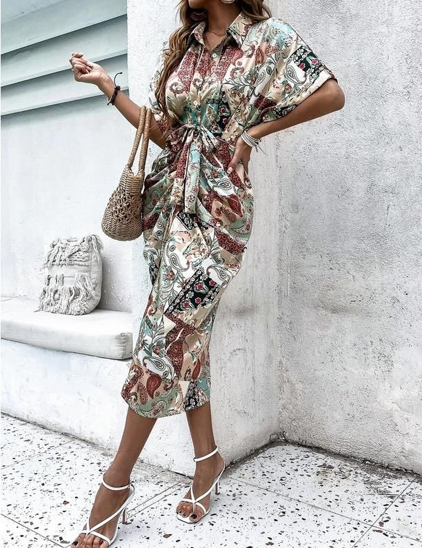 Kotty Women Floral Print Flutter Sleeve Satin Shirt Midi Dress