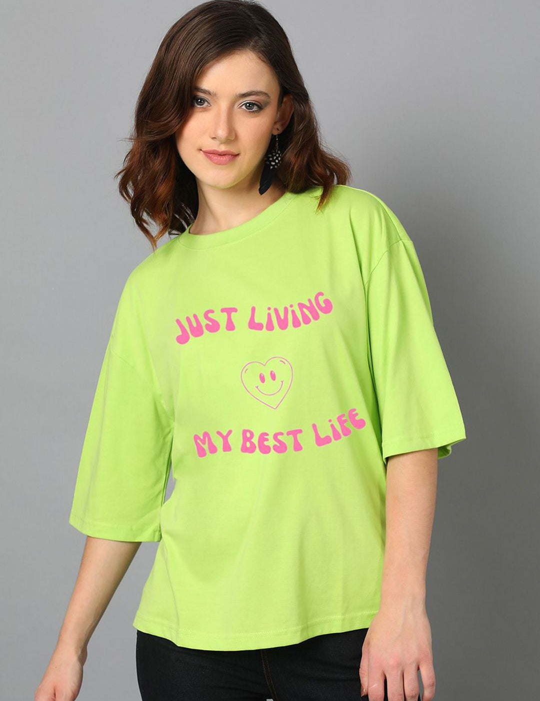 Kotty Typography Printed Drop-Shoulder Sleeves Oversized Cotton T-Shirt