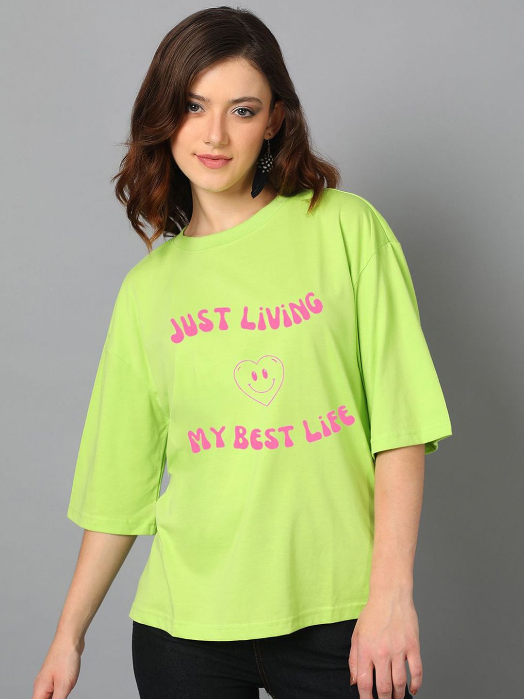 Kotty Typography Printed Drop-Shoulder Sleeves Oversized Cotton T-Shirt