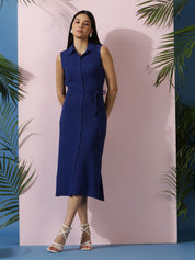 Kotty Solid Shirt Collar A-Line Midi Dress