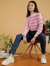 Kotty Women Striped Round Neck Crop Pullover Sweater
