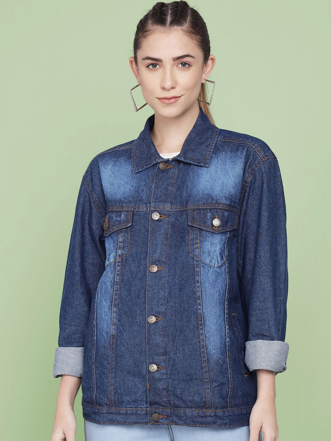 Kotty Women Spread Collar Washed Self Design Cotton Casual Denim Jacket