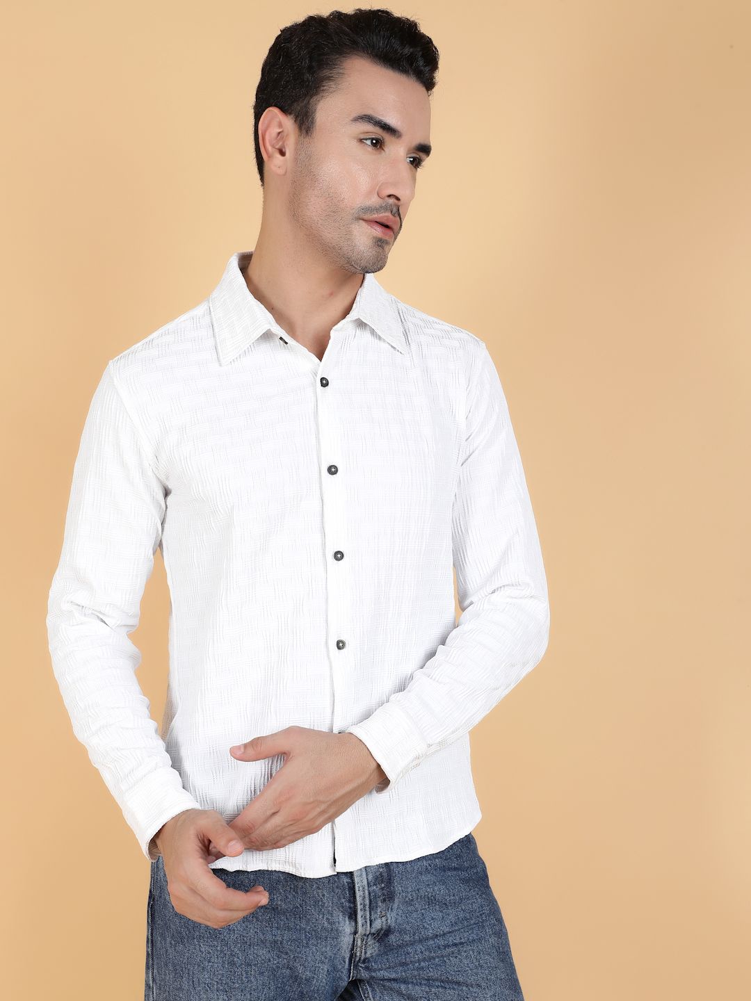 Kotty Men Relaxed Spread Collar Textured Cotton Casual Shirt