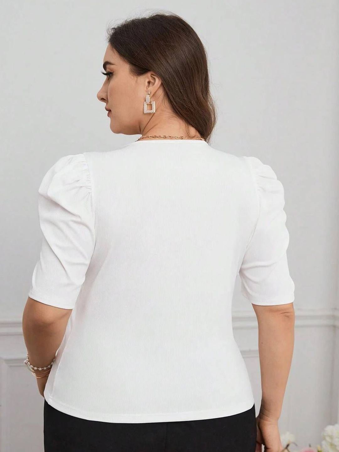 KOTTY Women Plus Size Puff Sleeves Fitted Top