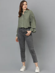 Kotty Women Comfort Spread Collar Vertical Striped Cotton Oversized Casual Shirt