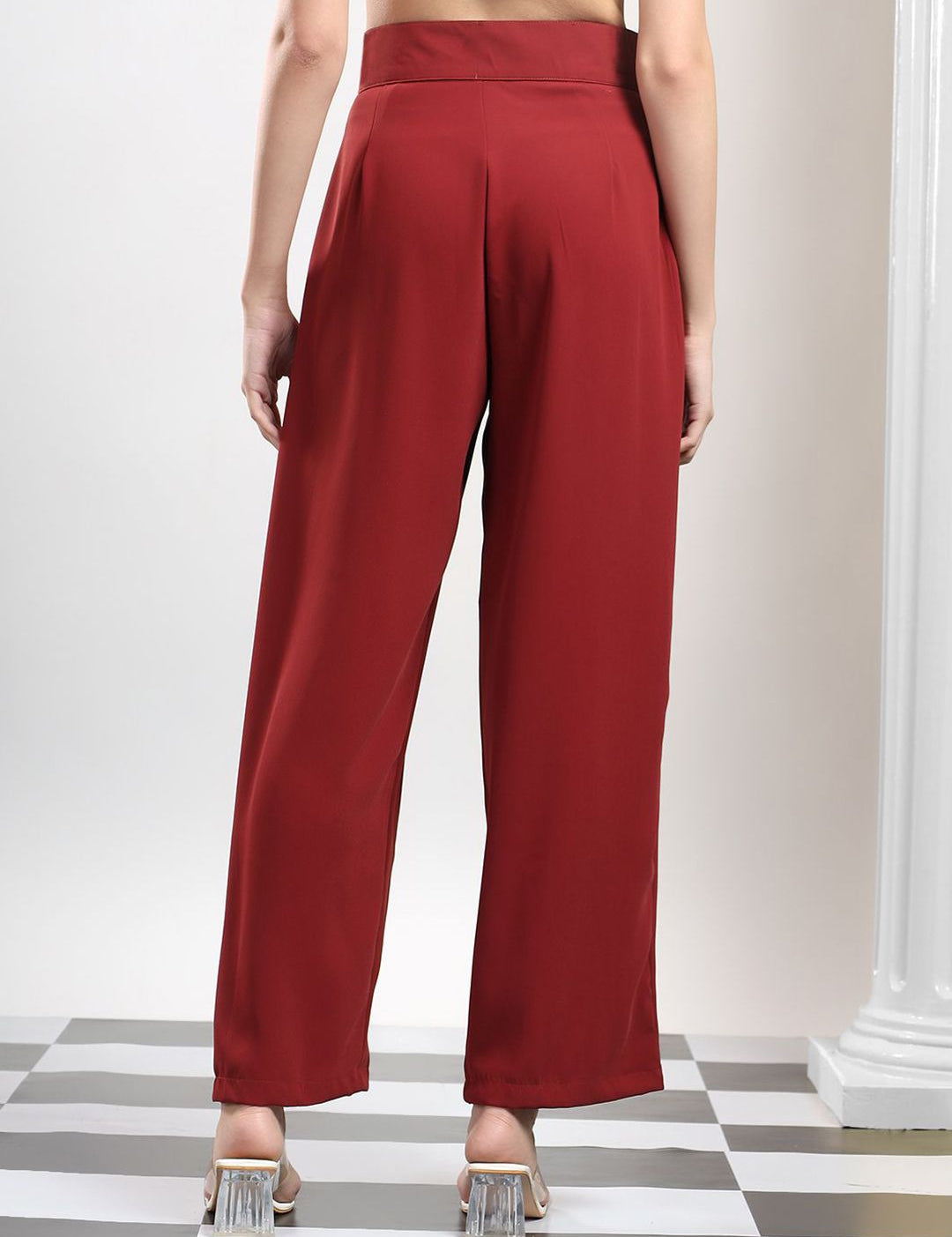 Kotty Women Cherry Red Original High-Rise Easy Wash Pleated Wide Leg Parallel Trousers