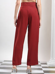 Kotty Women Cherry Red Original High-Rise Easy Wash Pleated Wide Leg Parallel Trousers
