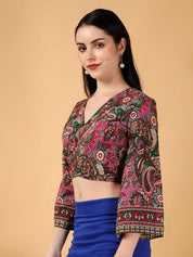 Kotty Floral Print Bell Sleeve Crepe Wrap Crop Top