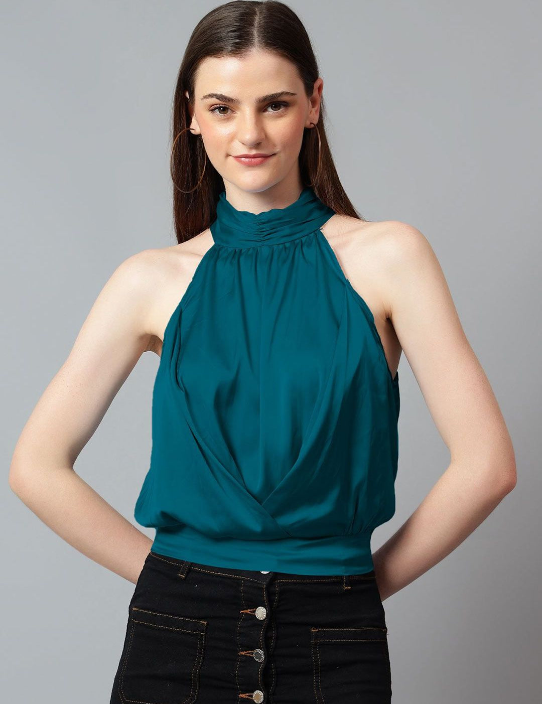 Kotty Women Solid Halter Neck Satin Top