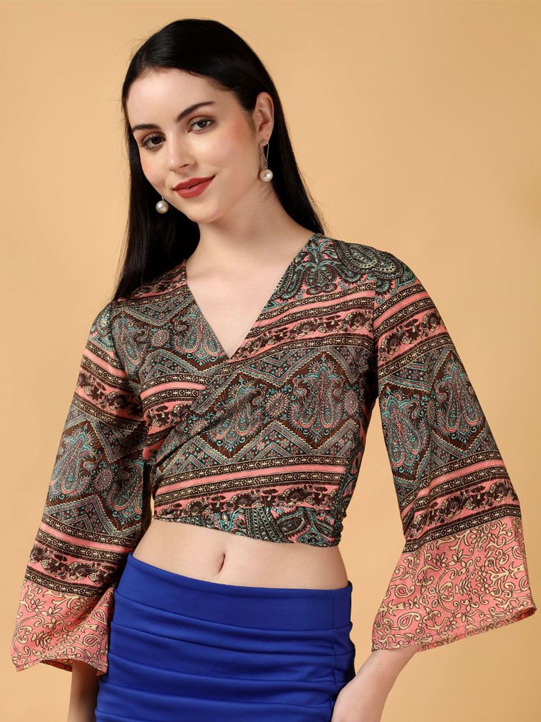Kotty Floral Print Bell Sleeve Crepe Wrap Crop Top