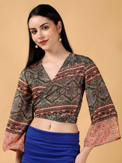 Kotty Floral Print Bell Sleeve Crepe Wrap Crop Top