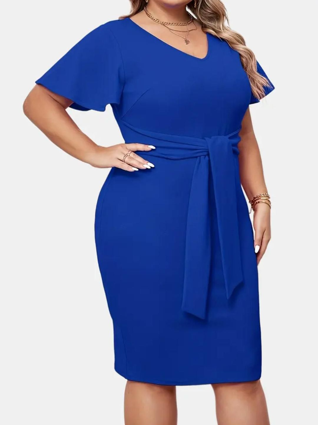 CURVE BY KOTTY Women V-Neck Plus Size Bodycon Knee Length Dress