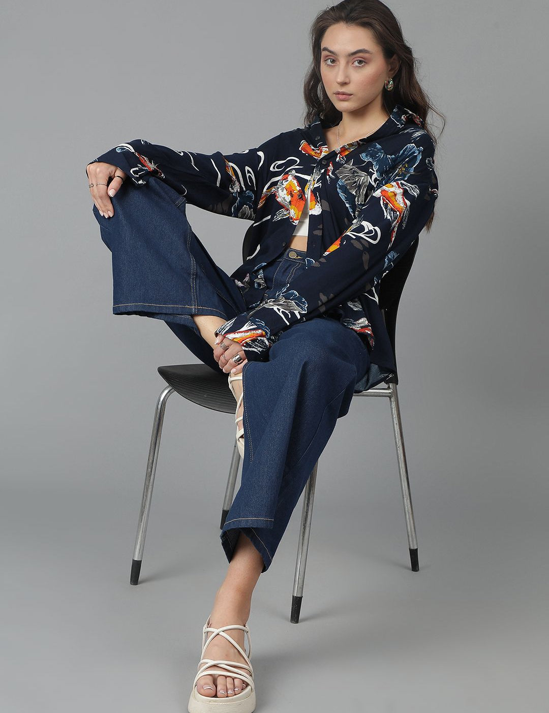 Kotty Women Spread Collar Abstract Printed Cotton Oversized Casual Shirt