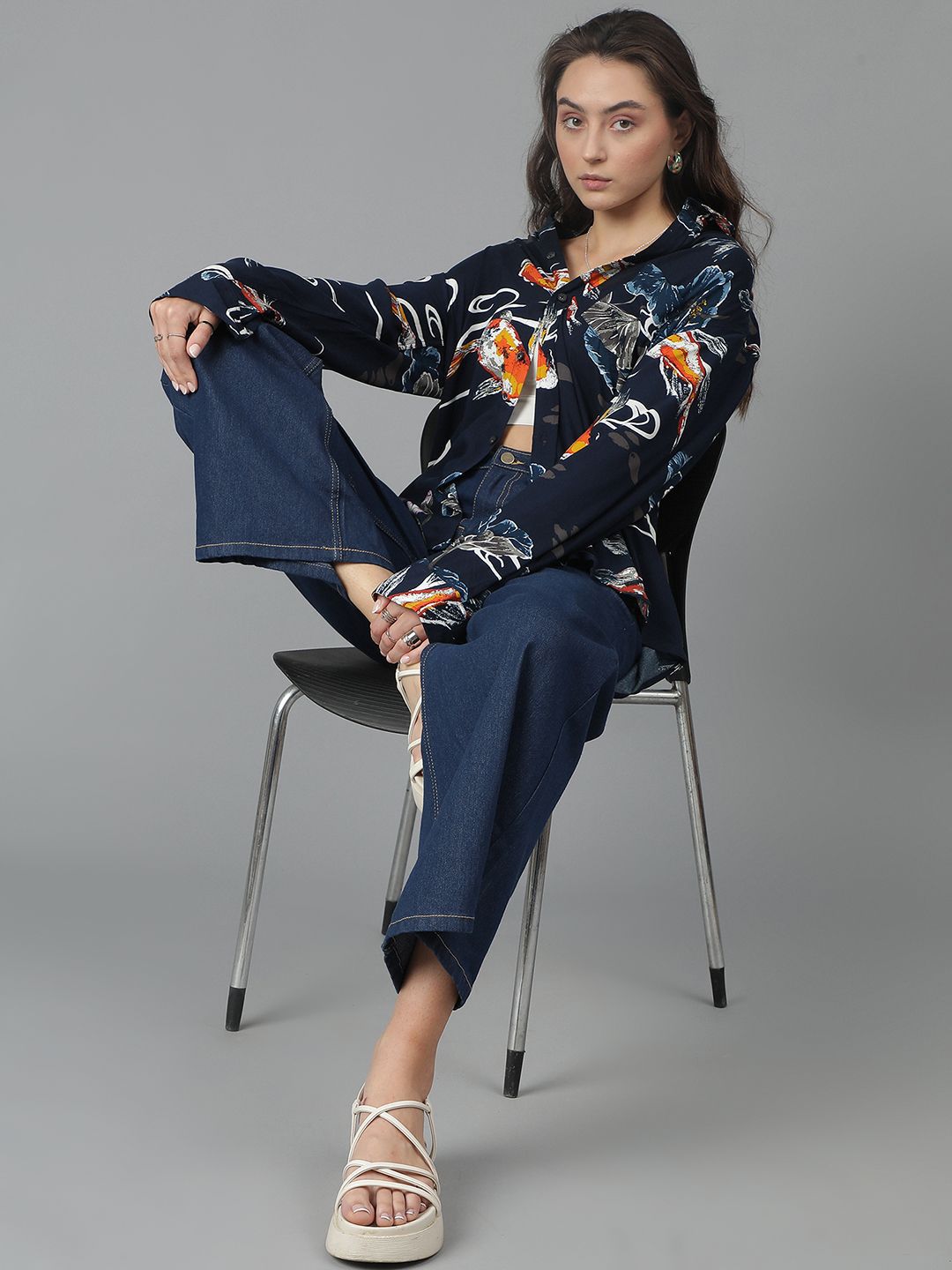 Kotty Women Spread Collar Abstract Printed Cotton Oversized Casual Shirt