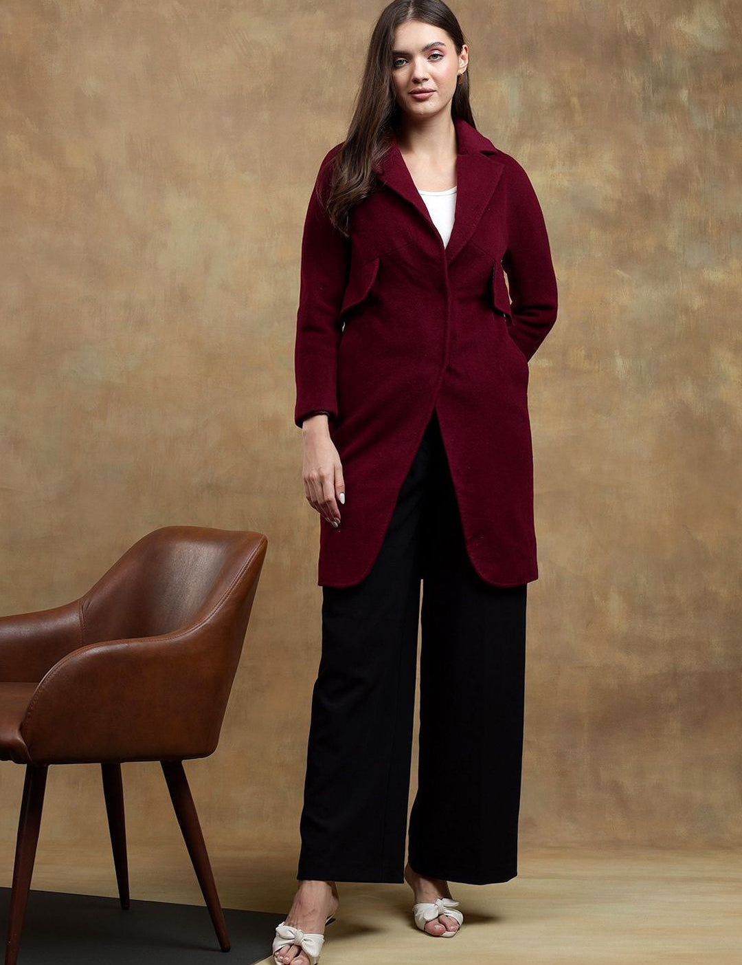 Kotty Solid Notched Lapel Longline Overcoat