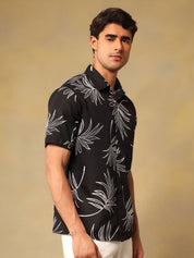 Kotty Men Comfort Fit Floral Printed Spread Collar Linen Casual Shirt