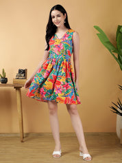 Kotty Women Print V Neck Sleeveless Above Knee Fit & Flare Dress