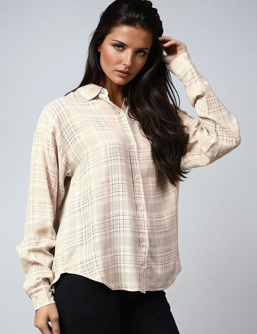 Kotty Women Spread Collar Tartan Checked Cotton Casual Shirt