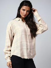 Kotty Women Spread Collar Tartan Checked Cotton Casual Shirt