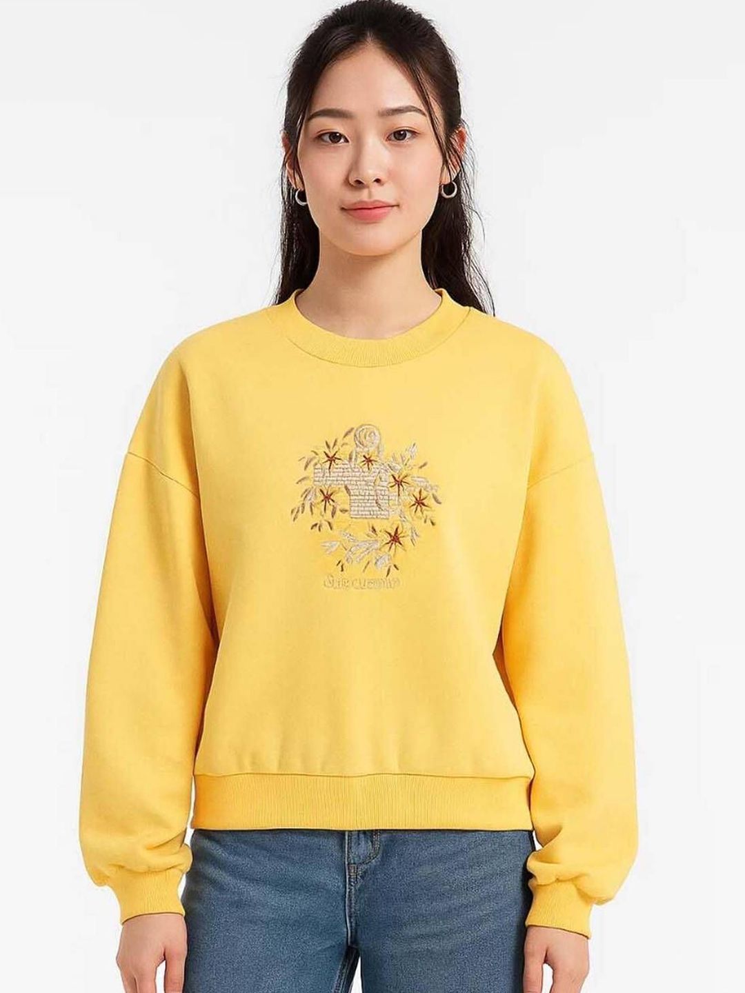 Kotty Women Floral Embroidered Full Sleeve Sweatshirt