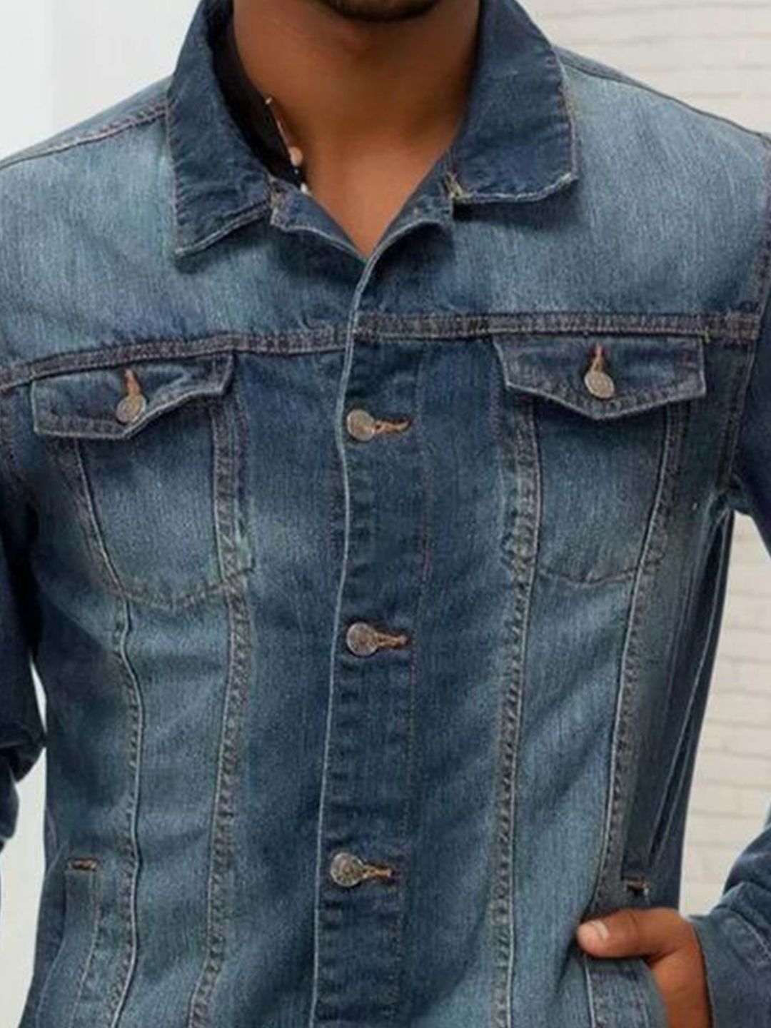 Kotty Men Spread Collar Solid Denim Jacket