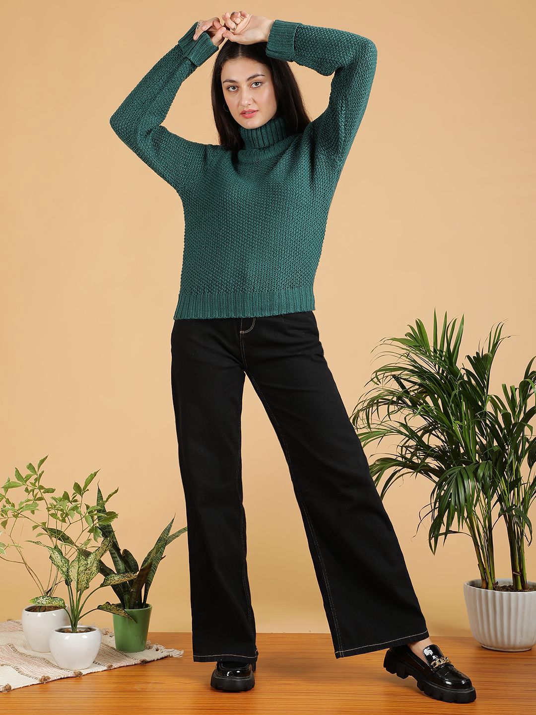 Kotty Women Turtle Neck Ribbed Pullover Sweater