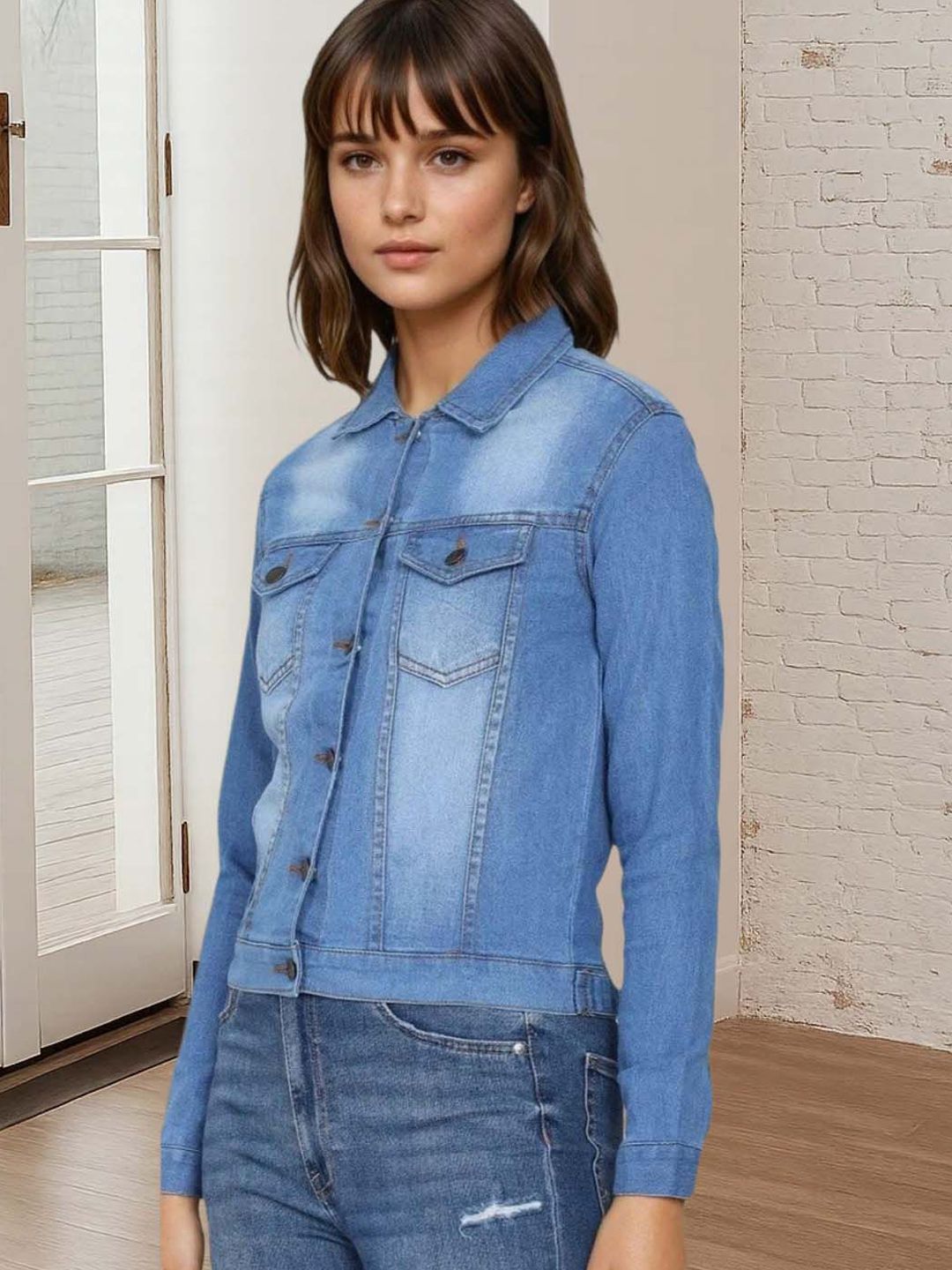 Kotty Women Spread Collar Solid Denim Jacket