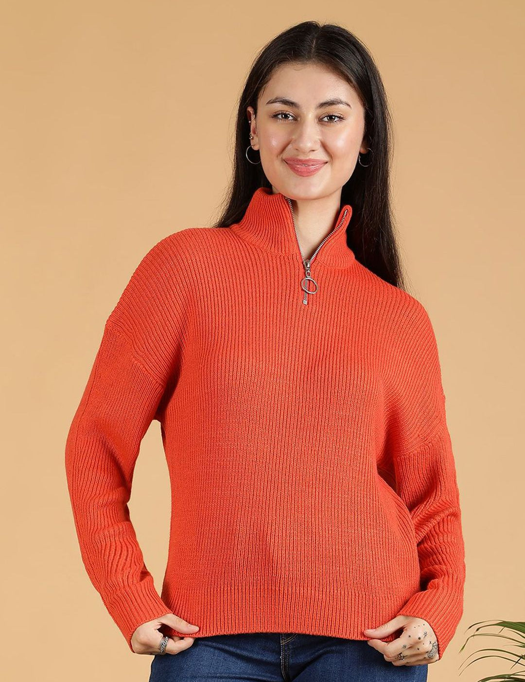 Kotty Women Half Zipper Ribbed Cotton Pullover