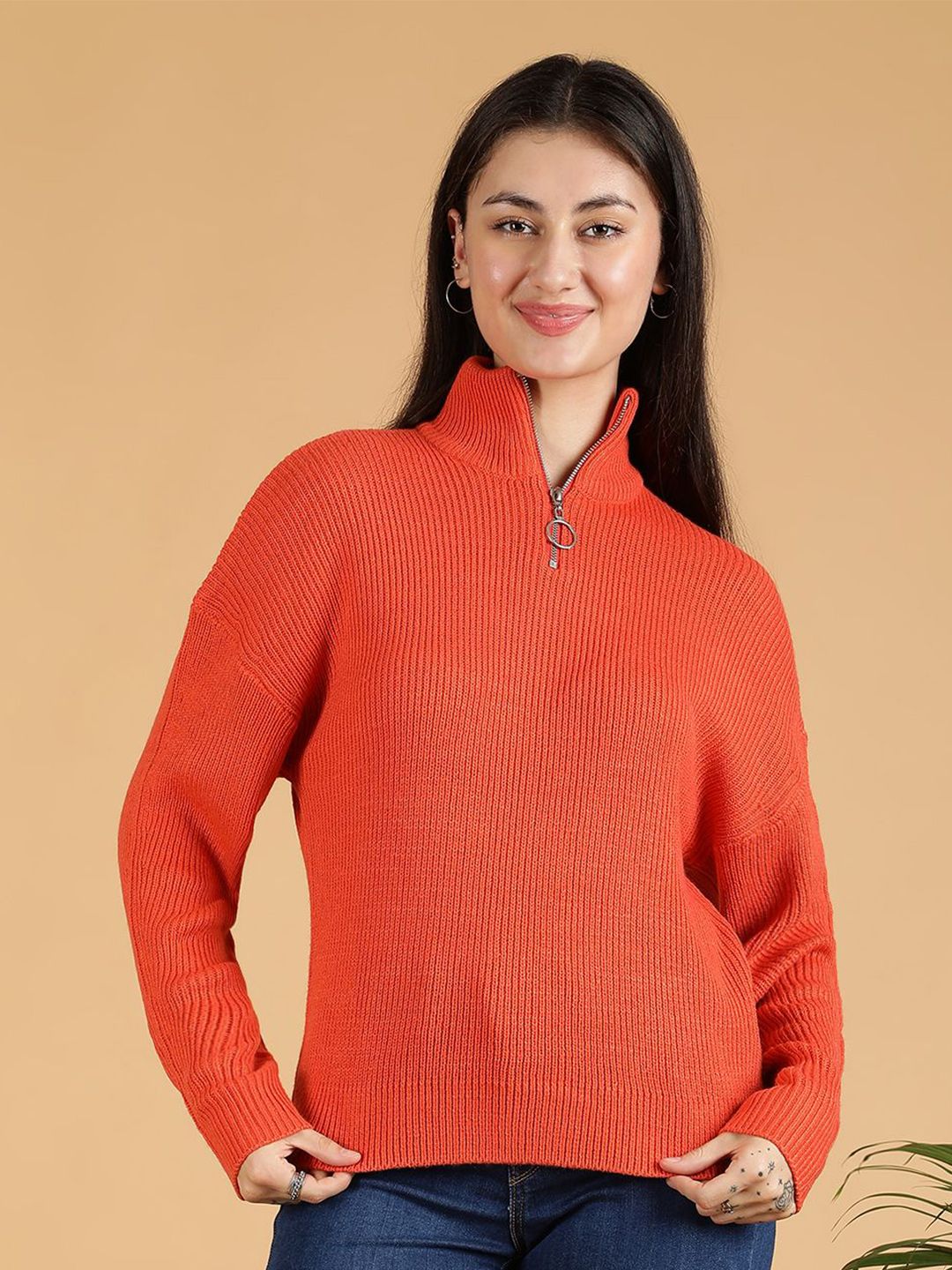 Kotty Women Half Zipper Ribbed Cotton Pullover