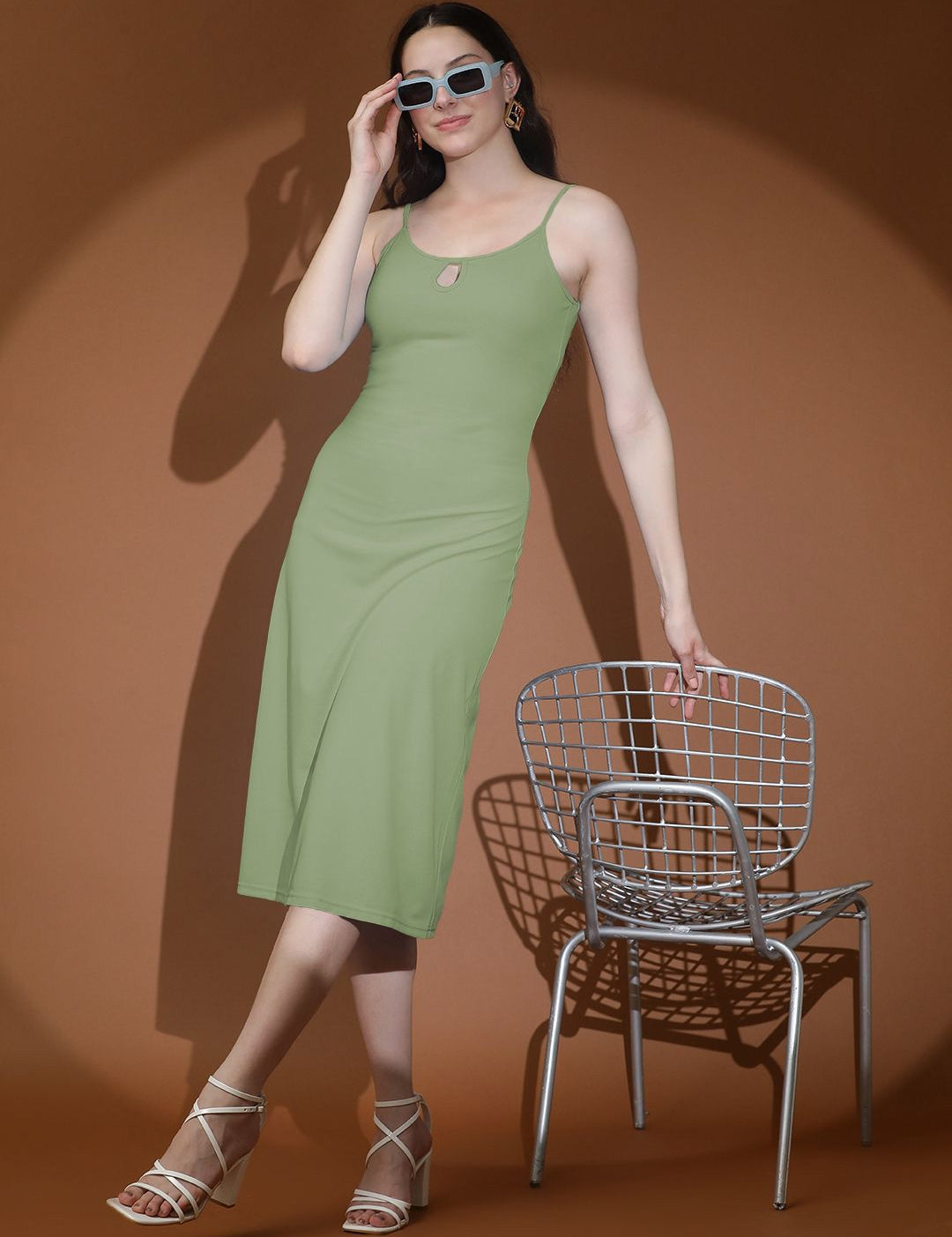 Kotty Shoulder Straps Solid A-Line Midi Dress