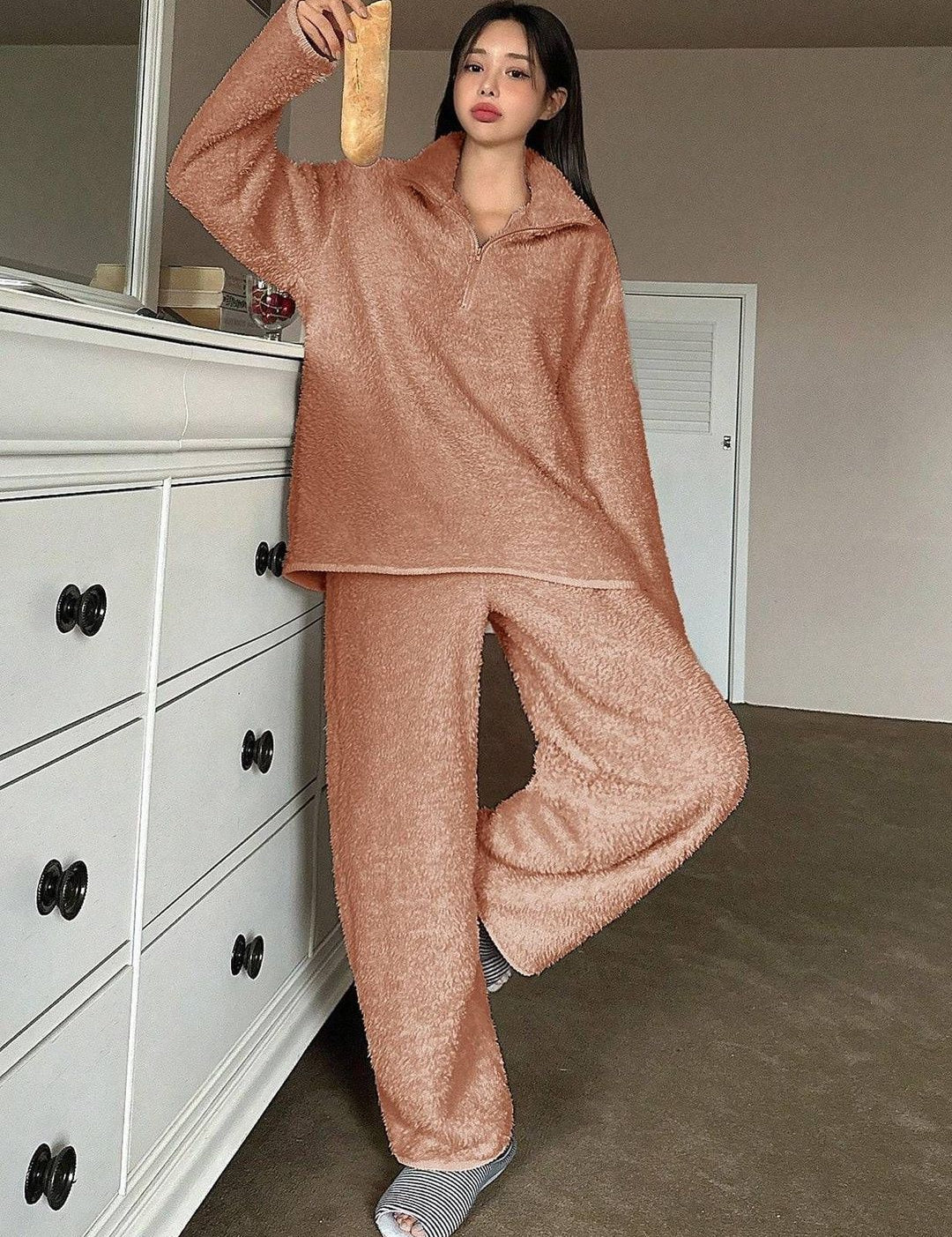 Kotty Women Lapel Collar Long Sleeves T-shirt With Pyjamas