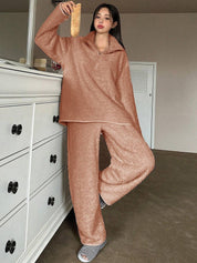 Kotty Women Lapel Collar Long Sleeves T-shirt With Pyjamas