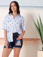 Kotty Women Comfort Fit Floral Printed Spread Collar Linen Casual Shirt