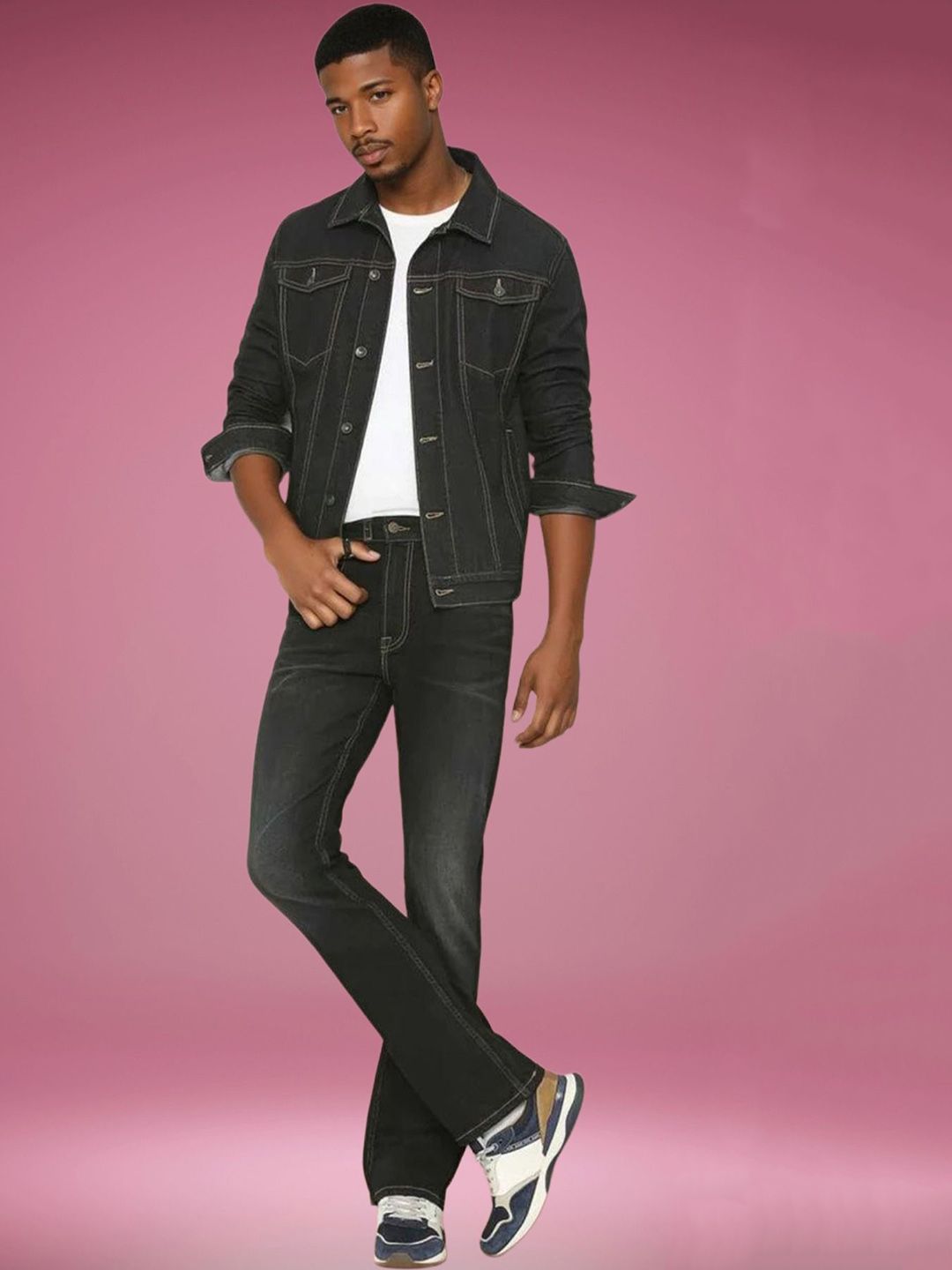 Kotty Men Spread Collar Solid Denim Jacket