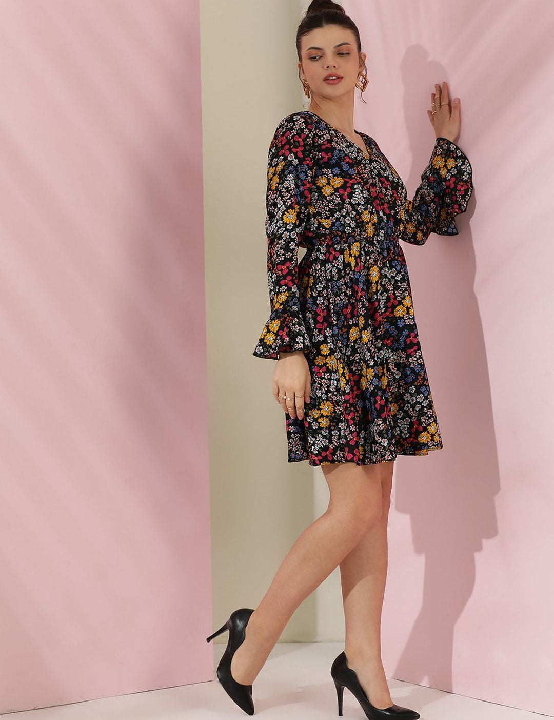 Kotty Women Floral Printed Flutter Sleeve Fit & Flare Dress