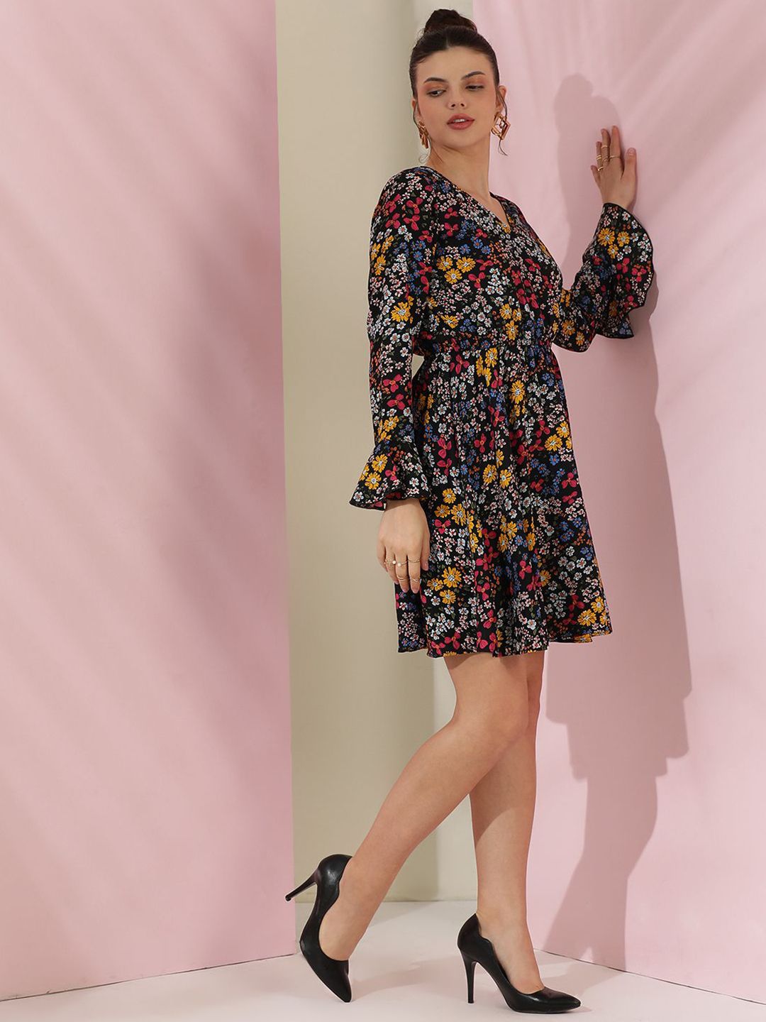 Kotty Women Floral Printed Flutter Sleeve Fit & Flare Dress