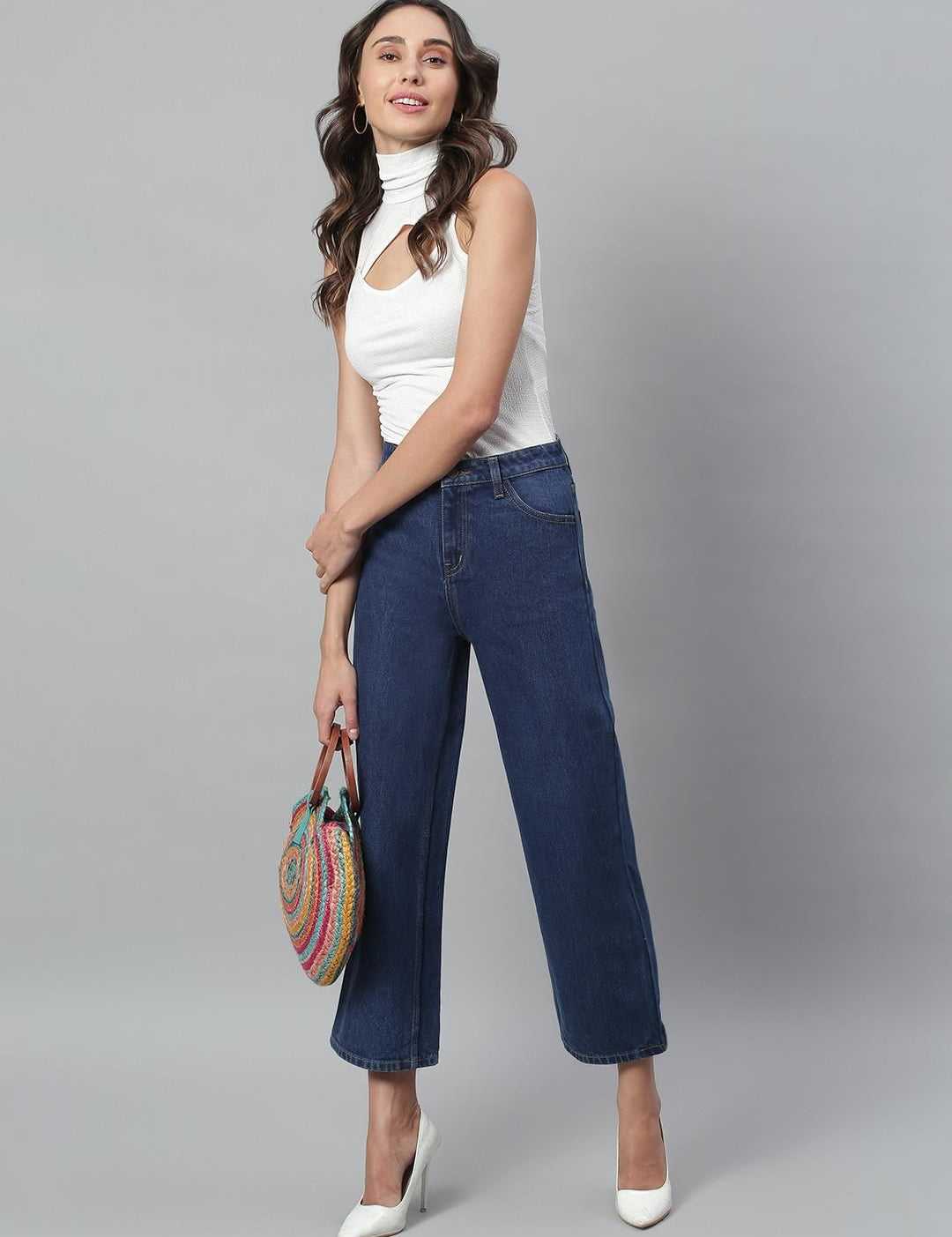 Kotty Women Wide Leg High-Rise Stretchable Cotton Cropped Jeans