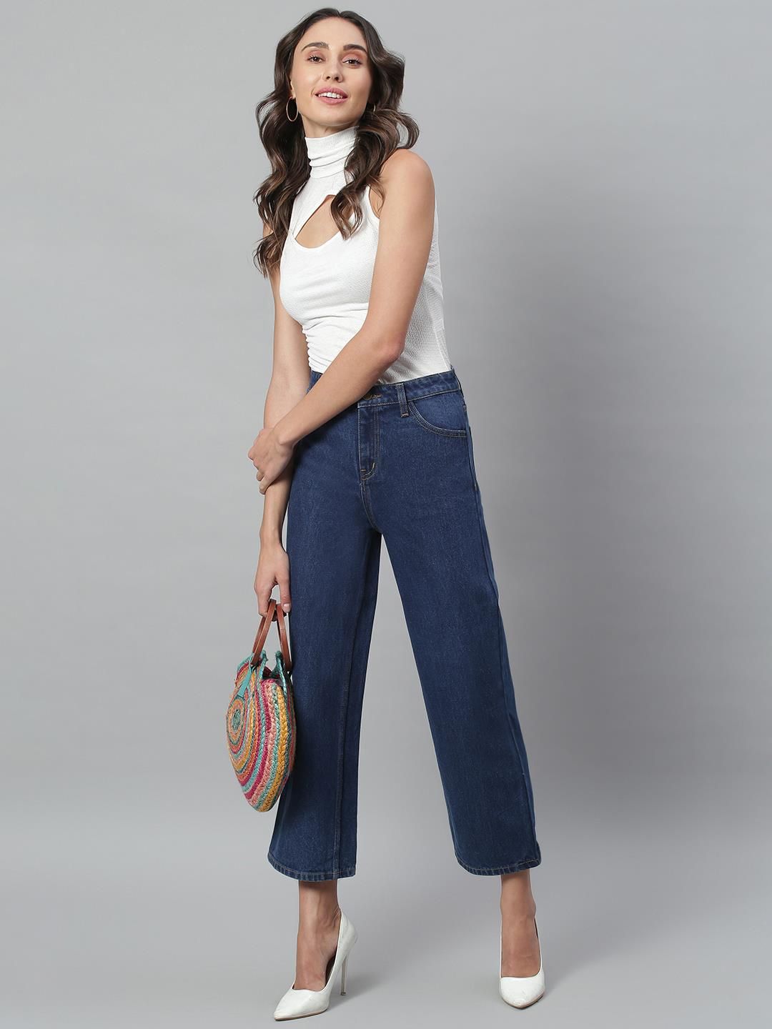 Kotty Women Wide Leg High-Rise Stretchable Cotton Cropped Jeans