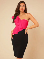 Kotty Women Colourblocked One Shoulder Bodycon Dress