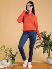 Kotty Women Half Zipper Ribbed Cotton Pullover