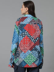 Kotty Women Spread Collar Abstract Printed Cotton Oversized Casual Shirt