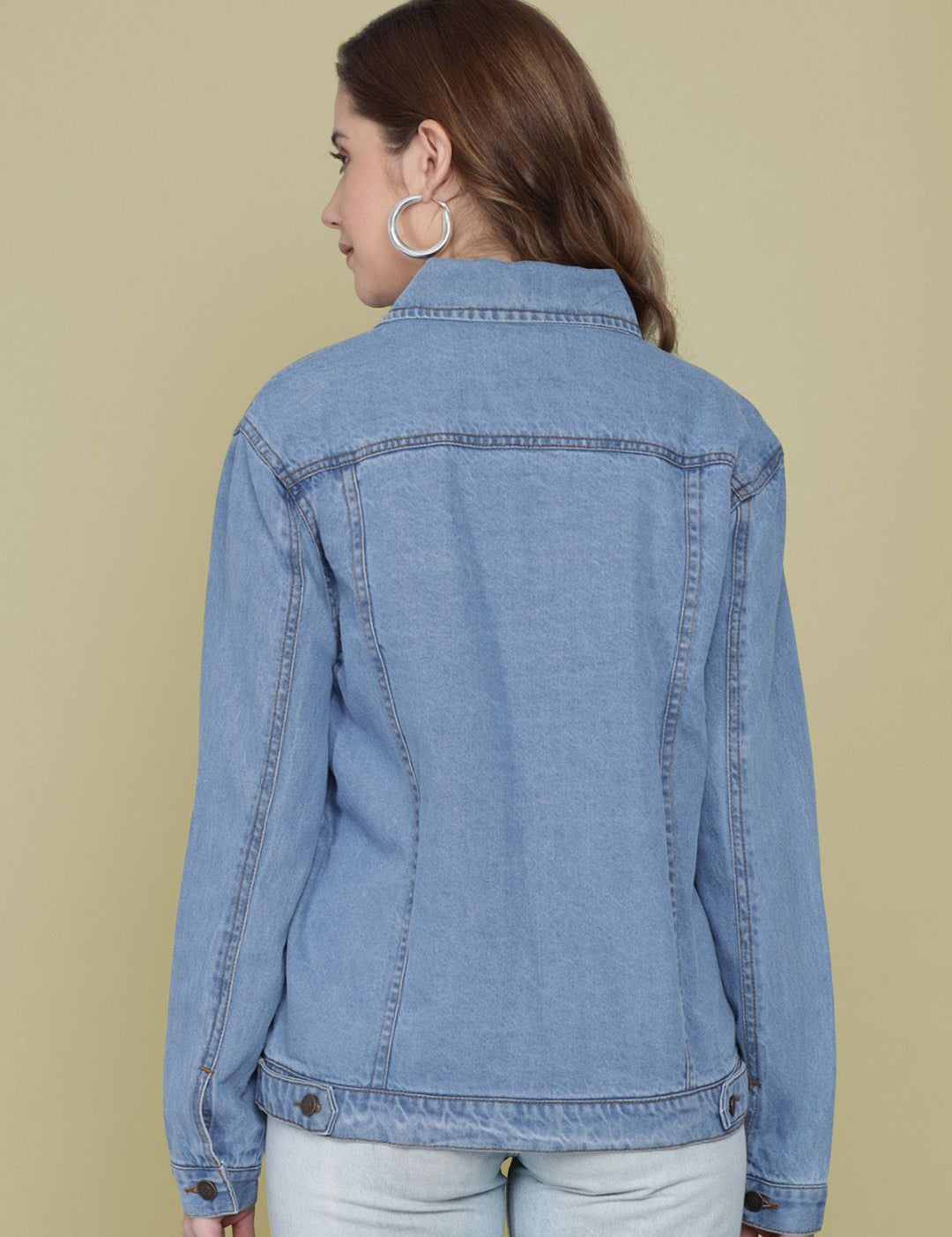 Kotty Women Spread Collar Solid Cotton Casual Denim Jacket